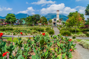 LA FORTUNA, COSTA RICA - MAY 10, 2016: Parque Central square in La Fortuna village.