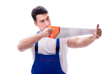 Man repairman with hand saw on white background isolated