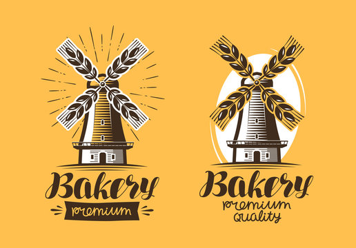 Bakery, bakehouse logo or icon. Bread, mill, windmill label. Lettering vector illustration