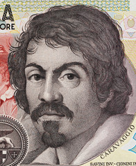 Caravaggio portrait on 100000 italian lire banknote closeup macro. One of the greatest and innovative painter of the Baroque.