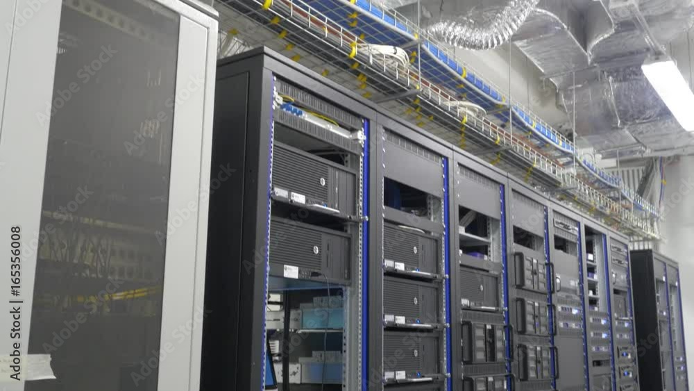 Poster many powerful servers running in the data center server room. many servers in a data center. many ra