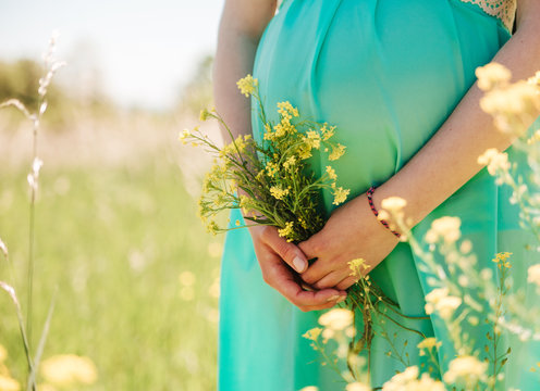 Belly of pregnant women with flowers.Green nature background
