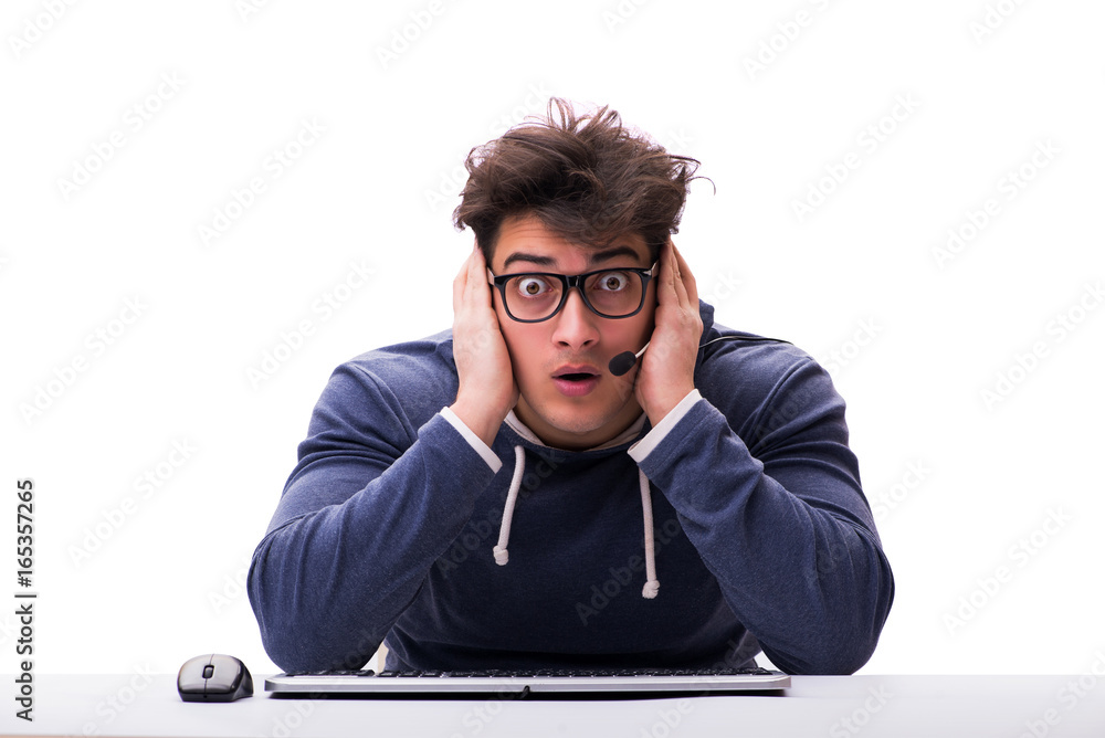 Poster funny nerd man working on computer isolated on white