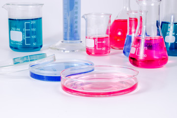 science and clinic background. Chemical and Medical laboratory research.  laboratory beakers and ...