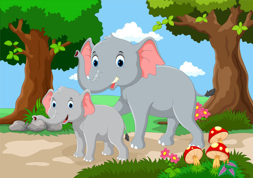 Cute mother and baby elephant with a background of a beautiful garden 