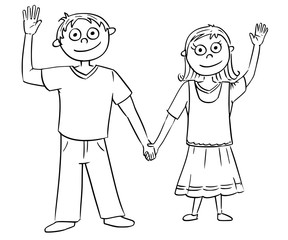 Cartoon Illustration of Boy and Girl Holding Each Other's Hands and Waving