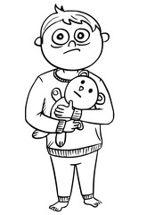 Cartoon Illustration of Scared Boy in Pyjamas Holding a Teddy Bear
