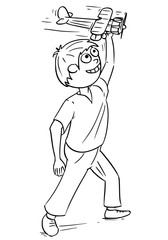 Cartoon Illustration of Boy Playing with Airplane Toy Model
