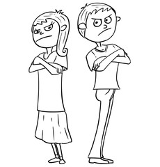 Cartoon Illustration of Angry Annoyed Boy and Girl or Man and Woman