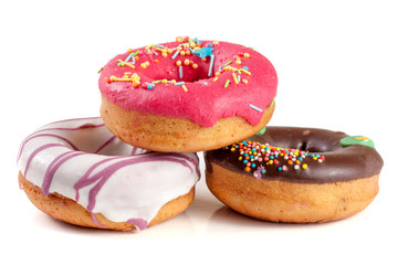 three glazed donut isolated on white background