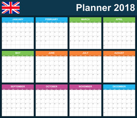 UK Planner blank for 2018. English Scheduler, agenda or diary template. Week starts on Monday