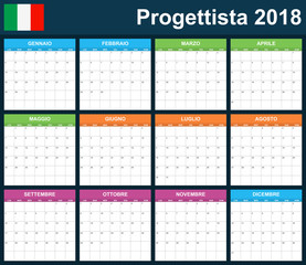 Italian Planner blank for 2018. Scheduler, agenda or diary template. Week starts on Monday