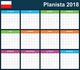 Polish Planner blank for 2018. Scheduler, agenda or diary template. Week starts on Monday