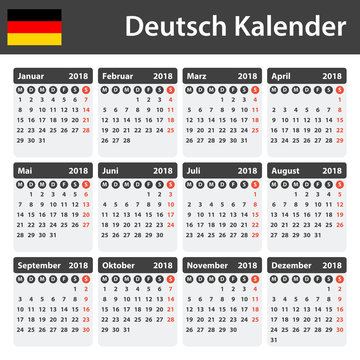 German Calendar for 2018. Scheduler, agenda or diary template. Week starts on Monday