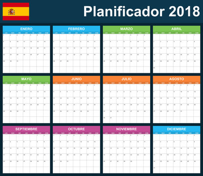 Spanish Planner blank for 2018. Scheduler, agenda or diary template. Week starts on Monday