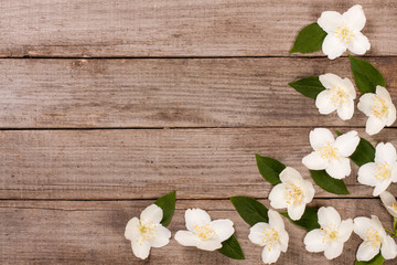 Frame jasmine flowers on the old wooden background with copy space for your text. Top view. Wedding invitation card