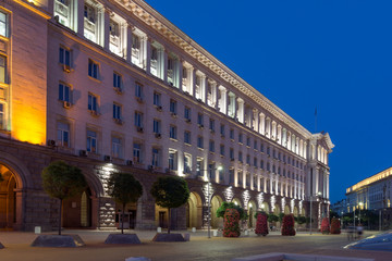 Obraz premium Night photo of Buildings of Council of Ministers and Former Communist Party House in Sofia, Bulgaria