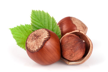 Hazelnuts with leaves isolated on white background
