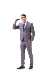 Young man with binoculars isolated on white