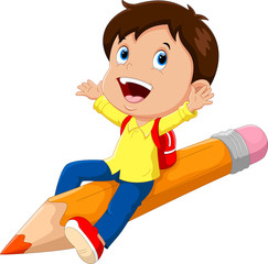 Happy school boy sitting on a pencil