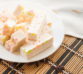 Dessert. Sweets. Fruit Souffle with slices of fruit jellies.  Eastern sweets