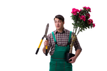 Young man gardener isolated on white