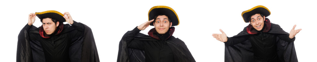 Young man wearing tricorn and coat isolated on white