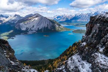 Canadian rockies with turqoise water lake and snowy peaks