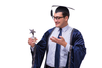 Young man student graduating isolated on white
