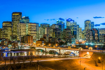ight scene of Calgary with center street bridge