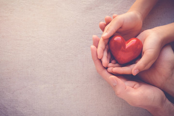 Family hands holding red heart, health care, hope, life insurance concept, world heart day, world health day, adoption foster care home, organ donor day, csr social responsibility, gratitude - obrazy, fototapety, plakaty