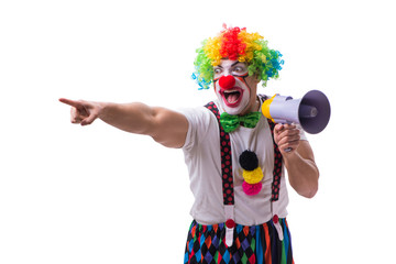 Funny clown with a megaphone isolated on white background
