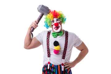 Funny clown with a hammer isolated on white background