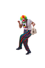 Funny clown with money bags sacks isolated on white background