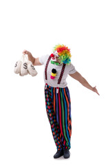 Funny clown with money bags sacks isolated on white background