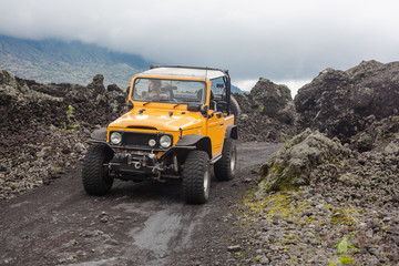 A curly-haired man is looking away driving an offroad yelow vehicle at the top of a valley with...