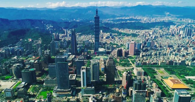 Aerial shot of financial district in City of Taipei, Taiwan