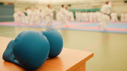 Blue karate gloves on tatami during training, de-focused