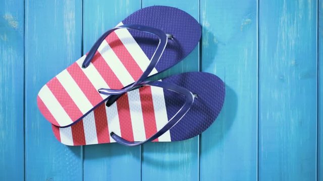 Flip flops with red white and blue pattern with July 4th theme