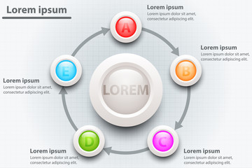 Colorful five topics 3d paper circle with white circle in center for website presentation cover poster vector design infographic illustration concept
