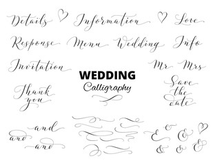Wedding hand written calligraphy set isolated on white. Great for wedding invitations, cards, banners, photo overlays.  - obrazy, fototapety, plakaty