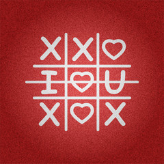 White tic tac toe game with I love you sign symbol on red denim texture background vector concept design illustraion