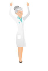 Caucasian doctor standing with raised arms up.