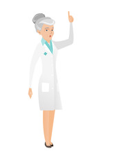 Senior doctor with open mouth pointing finger up.