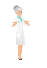 Caucasian confused doctor shrugging shoulders.