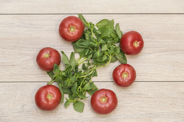Tomatoes and basil leafs isolated on a wooden background, italian food pattern