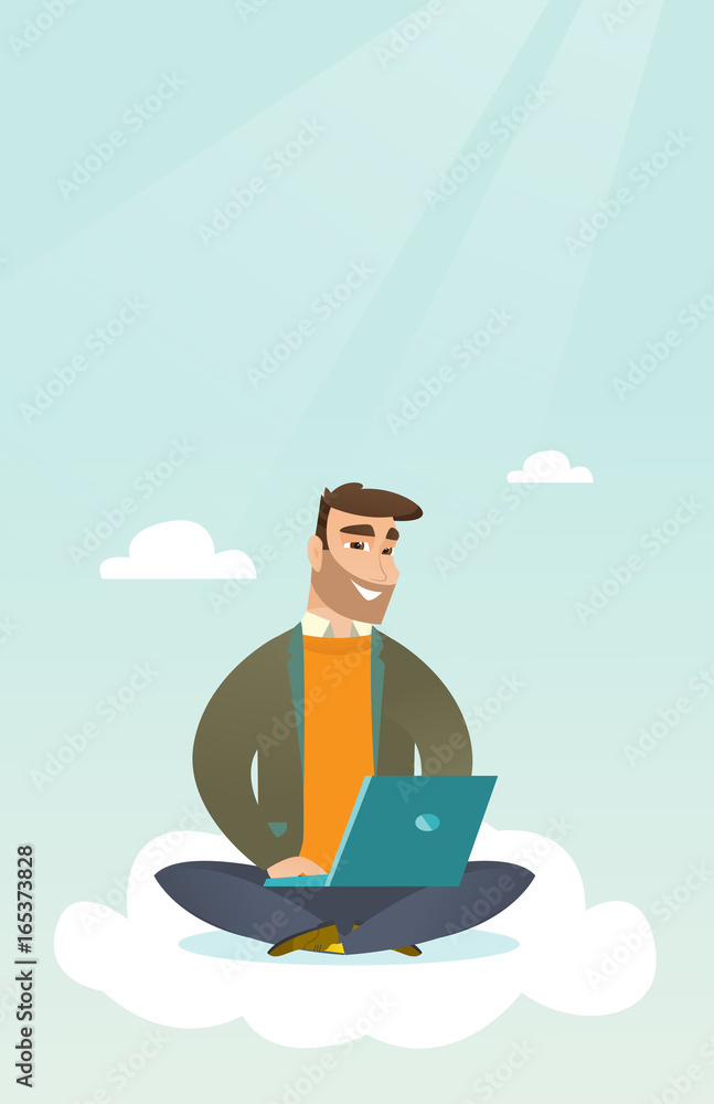 Poster caucasian man using cloud computing technologies.