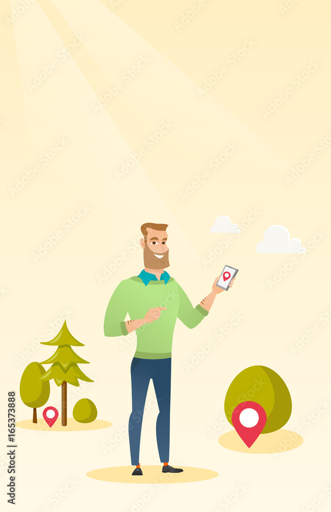 Sticker caucasian man playing action game on smartphone.