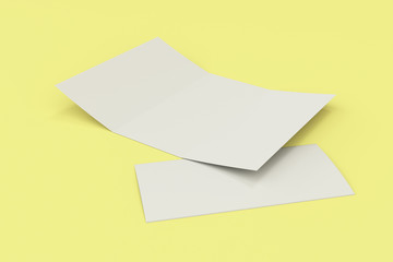 Blank white open three fold brochure mockup on yellow background