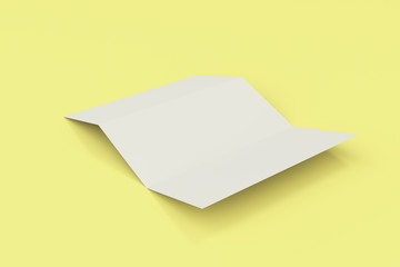 Blank white three fold brochure mockup on yellow background